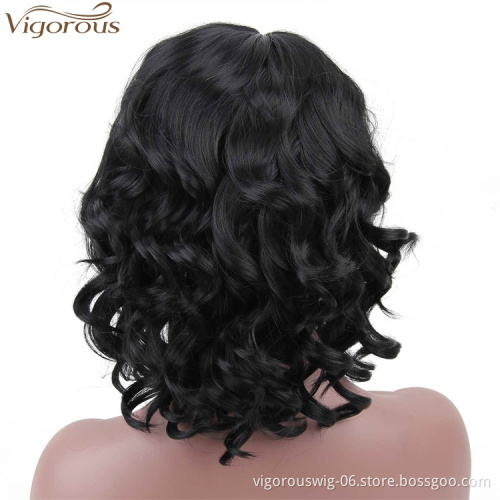 Vigorous Synthetic Curly Wave Wig Heat Resistant Natural Black Bob Style Wig with Inclined Bangs for Women Daily Party